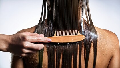 comb brushing long, wet hair