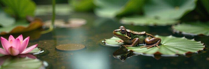 Fototapeta premium Frog swimming in shallow pond with lotus flowers, water, summer