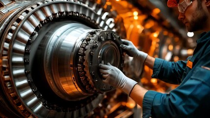 Skilled technician performs maintenance on large turbine in industrial facility at dusk