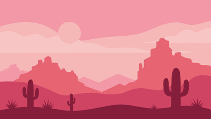  flat desert with cactus silhouettes and a pink sky