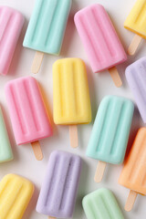 Colorful pastel popsicles in flat lay, vibrant summer dessert on white background, refreshing and playful