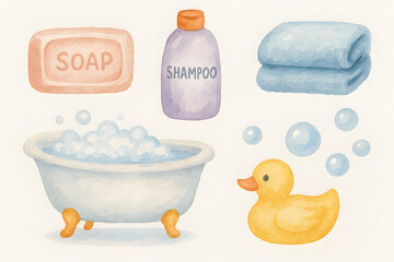 Watercolor Bath Time Essentials with Soap and Rubber Duck