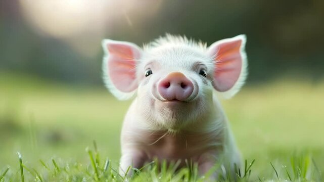 Funny little pink pig smiles, looks at camera, walks on meadow, green grass. Cute mini pig pet. Joyful piglet walks on field in village. Agriculture. Concept of vegan, vegetarian life, vegetarianism.