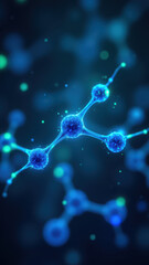 An illustration of a molecular model of GLP1, Glucagon-like peptide-1, with glowing blue atoms and colorful background.