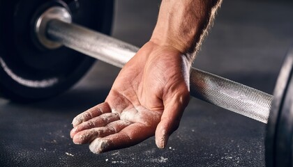 A weightlifter&rsquo;s hand holding a barbell