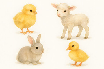 Watercolor Illustration of Farm Animal Babies