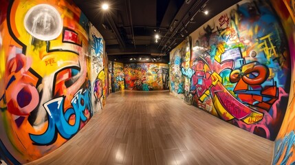 Fototapeta premium Colorful graffiti covers the walls of an indoor art space in a modern urban setting, showcasing creativity and urban culture