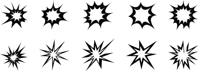 Set of eight black and white line icons of explosions, black and white icon , design in trendy style. action, and impact. Vector  
