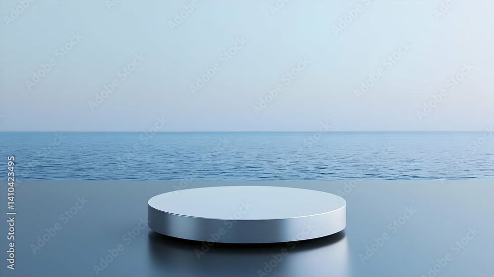 Poster empty silver circle display against calm ocean background