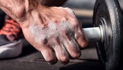 A weightlifter&rsquo;s hand holding a barbell