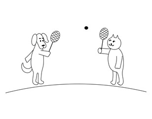Сat and dog play tennis. Vector black and white image.