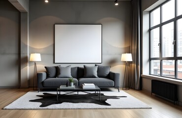 Empty Square Poster Frame on Cabinet in Modern Living Room Interior