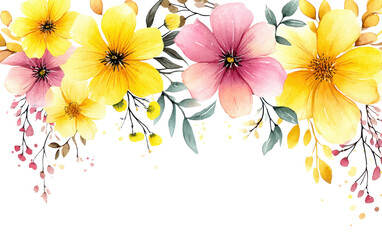Obraz premium Floral Flourish: Vibrant Watercolor Blossom Arrangement. A vivid composition of watercolor flowers in shades of yellow and pink, with delicate green foliage, is arranged against a minimalist backdrop.