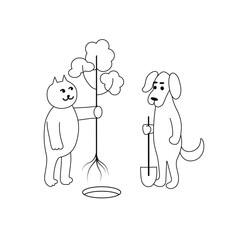 А Сat and а dog plant tree. Vector black line image.