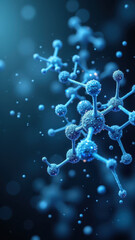 Illustration of GLP1 (Glucagon-like peptide-1) molecule with vibrant blue atom models floating around it, against a dark background.