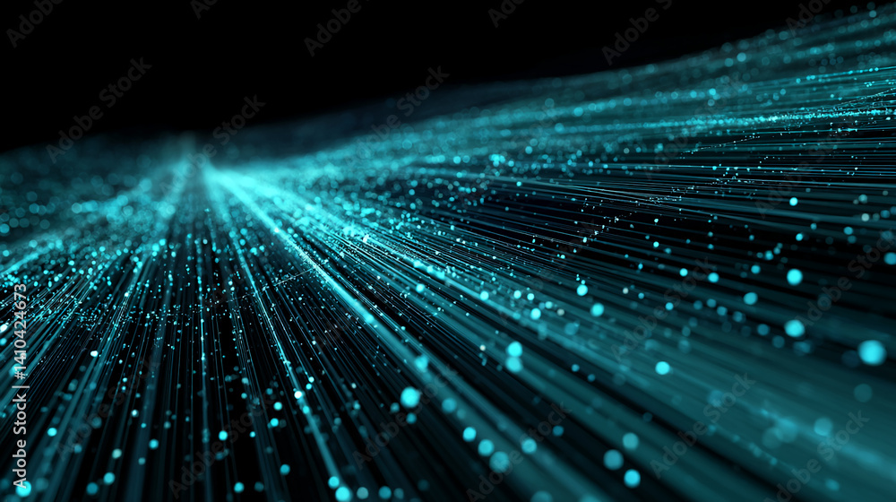 Poster abstract image of teal light streaks and particles on a black background, creating a dynamic and fut