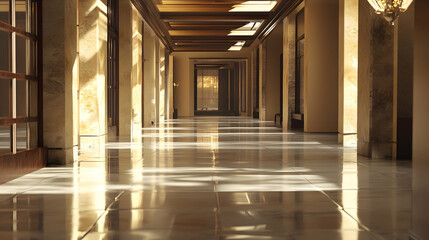 Naklejka premium Sunlight streams through a grand, elegant hallway, illuminating the polished marble floor and creating a serene, inviting atmosphere with warm golden light and long shadows.