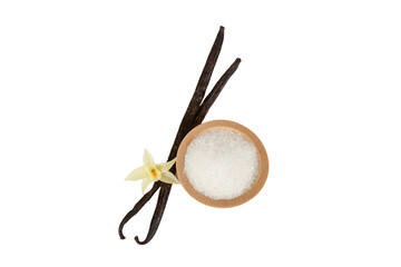Aromatic vanilla sugar. Vanilla pods. Vanilla sticks, brown and white sugar isolated on a white background. Vanilla flowers, spices and herbs for desserts and baking. Space for text. Copy space
