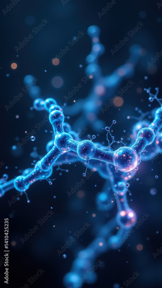 Poster a digital rendering of a molecule of glp-1, glucagon-like peptide-1, which is highlighted with blue 