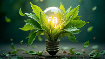 Glowing light bulb with lush green leaves, symbolizing eco-friendly energy and sustainability.