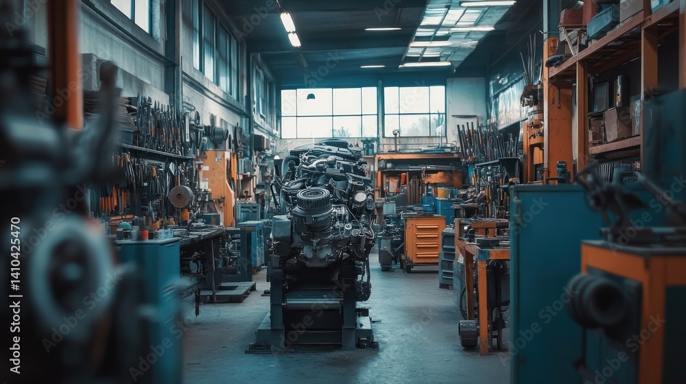 Poster an engine mounted inside a well equipped workshop with many tools