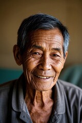 smiling old man with gray hair and a gray shirt