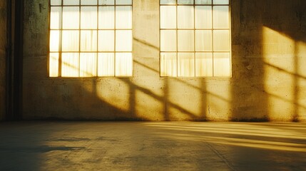 Sunlight shines through windows illuminating a large industrial concrete room