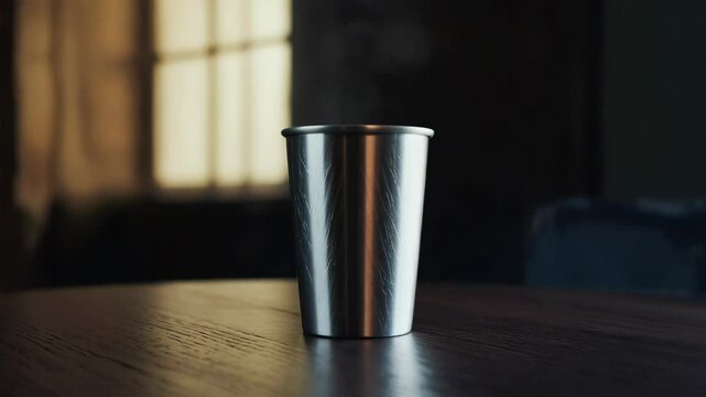 Steaming Hot Drink in Brushed Steel Cup on Wooden Table near Window