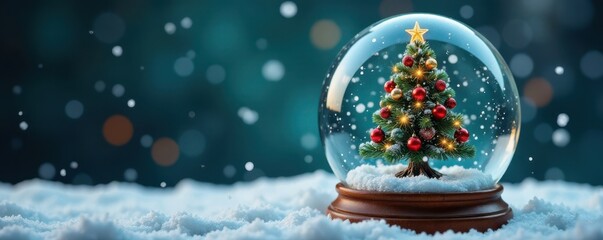 Shiny glass snow globe containing a beautifully decorated, colorful Christmas tree under soft falling snow, glass globe, miniature christmas