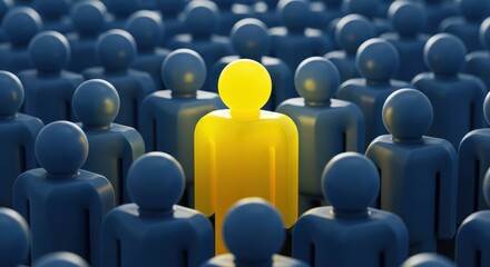 Fototapeta premium Bright yellow figure standing out among uniform blue crowd symbolizing uniqueness and leadership