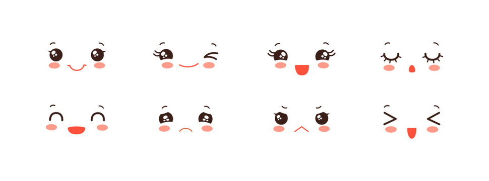 Kawaii face expressions cute set. Funny chibi emoji faces. Happy smile, cheerful, laughing, angry, winking and sad emoticons. Cartoon anime eyes and mouth simple vector illustration.