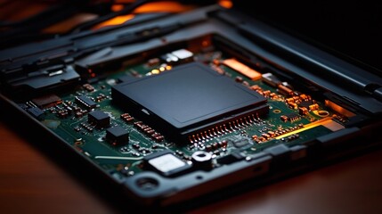 Close up of electronic circuit board showing components and connections