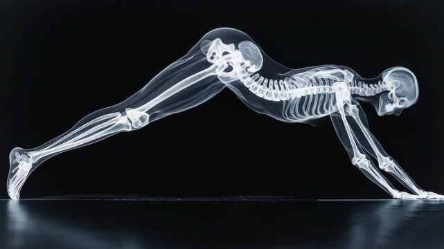 An x-ray of a human skeleton demonstrates a sports plank exercise and downward dog yoga pose. Anatomy of an athlete's body. Black background. Sporty training. Gymnastics, fitness, workout.