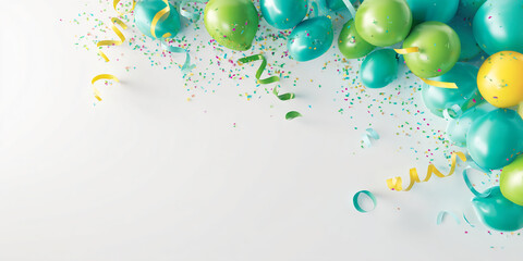 Green, teal, and yellow balloons with confetti and ribbons on white background, showcasing celebratory concept, ideal for invitations or festive designs, free space for text