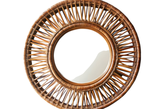 Rattan sunburst mirror adds bohemian chic warm tones circular design on on transparent background