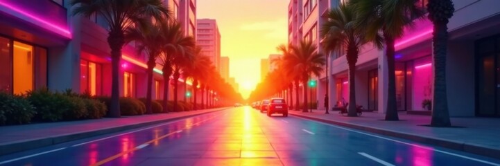 Colorful geometric shapes slide on a modern city street at sunset, geometry, cityscape, urban landscape