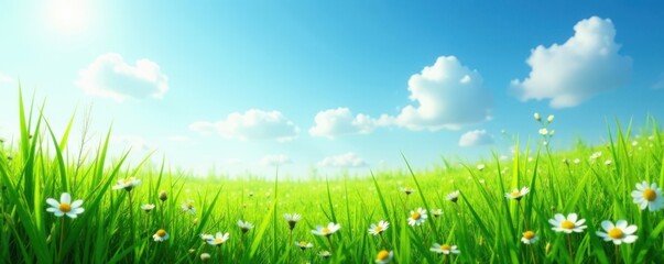 Fototapeta premium Emerald green grass stretches towards the sky with delicate wildflowers swaying gently in the breeze, meadow, natural
