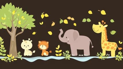 Wall murals Cute cartoon animals in a jungle scene, kids wallpaper, possible use