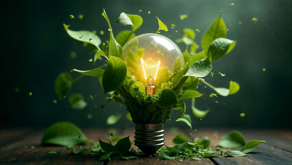 Glowing light bulb surrounded by lush green leaves.  Eco-friendly energy concept.