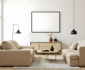 Minimalist living room with a beige sofa, a wooden floor, a wooden frame on the wall, a coffee table, and a sideboard