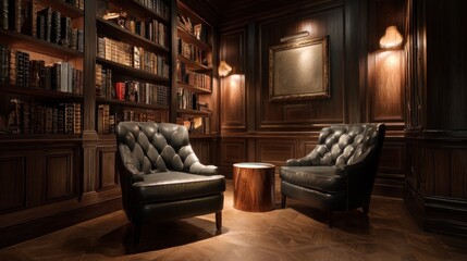 Luxury small library with leather chairs and ambient lighting  