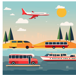 Modern City Transportation Scene with Boats, Airplane, and Hot Air Balloon &ndash; Urban Skyline Travel Concept Illustration

