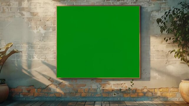 Minimalist gallery interior featuring green screen mockup, potted plant, changing natural light, emphasizing empty exhibition space with modern design aesthetic