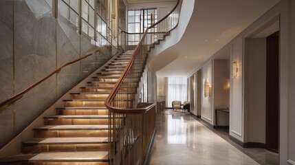 Obraz premium Luxury staircase with under-step lighting and metal handrail 