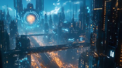 Futuristic Cityscape at Night: A stunning visual of a futuristic metropolis, bathed in the soft glow of city lights under a dark sky, depicting modern urban life and innovative architecture.