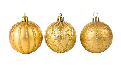 Three elegant gold Christmas ball ornaments.