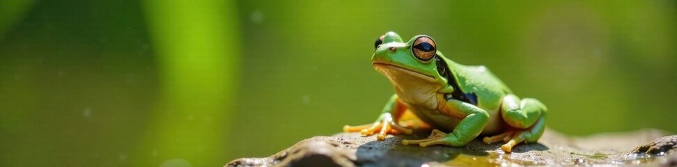 Naklejka premium Green frog with closed eyes basking in sunlight, wildlife, amphibians, leaves