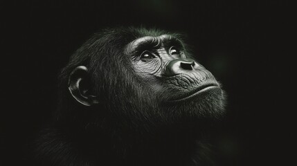 Chimpanzee Looking Upwards into Dim Light, Dark Background. Thoughtful, contemplative