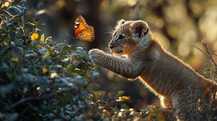 Obraz premium A Small Lion Cub Playing With A Colorful Butterfly