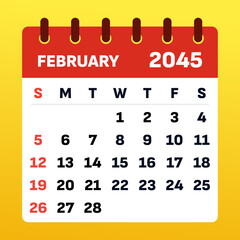 2045 February Calendar Layout. Vector Illustration of a February 2045 Planner. February 2045 Template. Flat design. Vector illustration